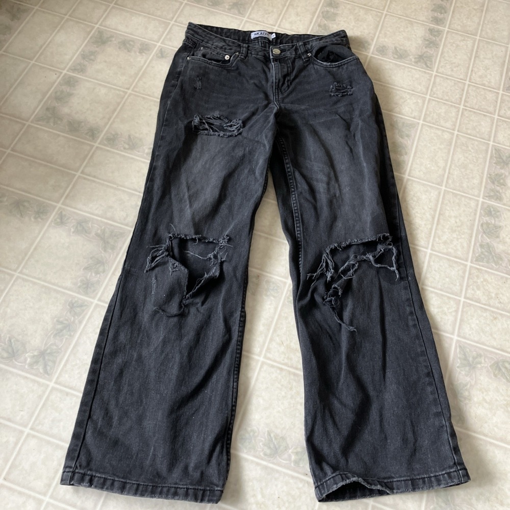 Y2k Women's Refuge Denim SKATER Low Rise Wide Leg Flare BlackJean Sz 1 Holes